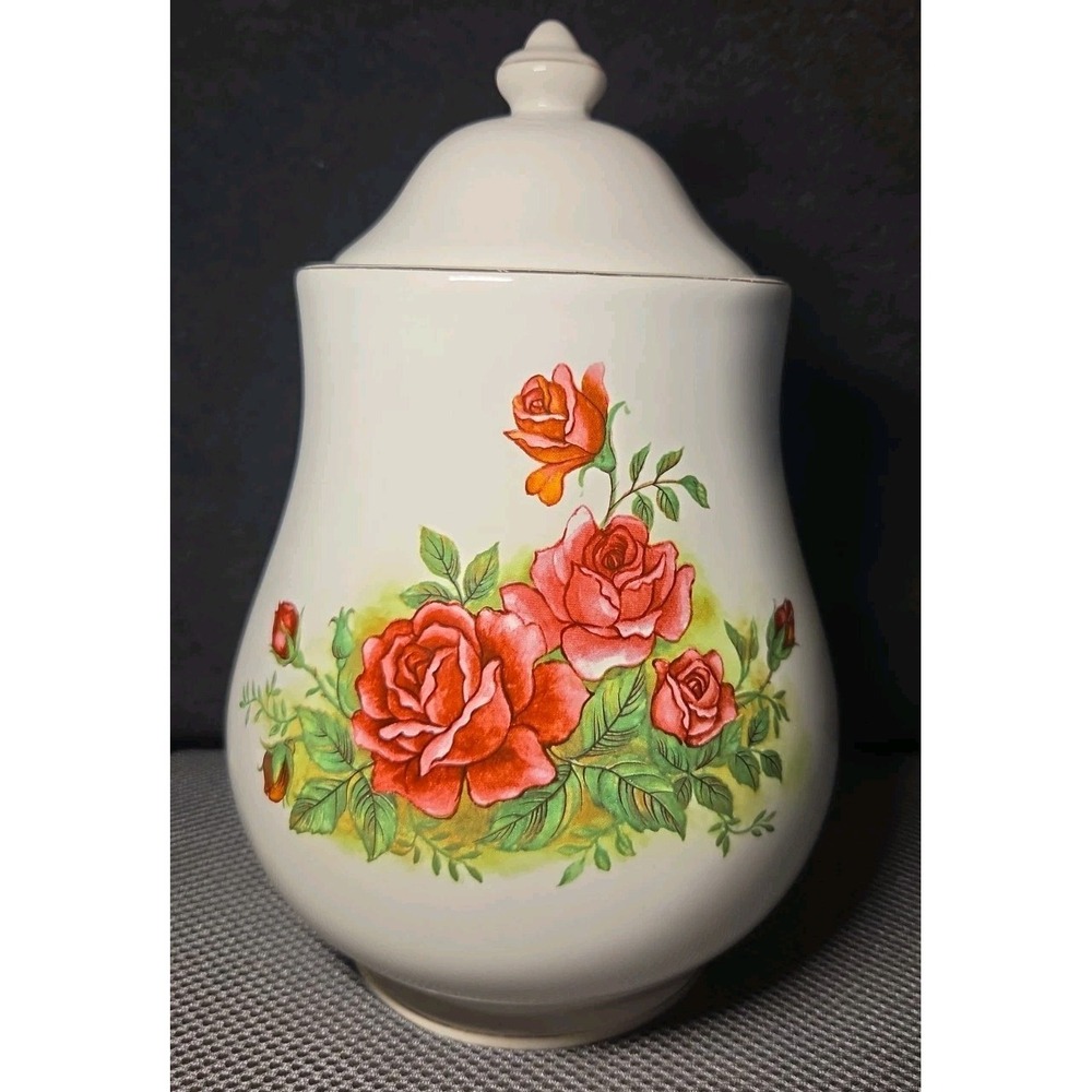Vntg Ceramic Lidded Canister White With Rose Design 10 In Tall